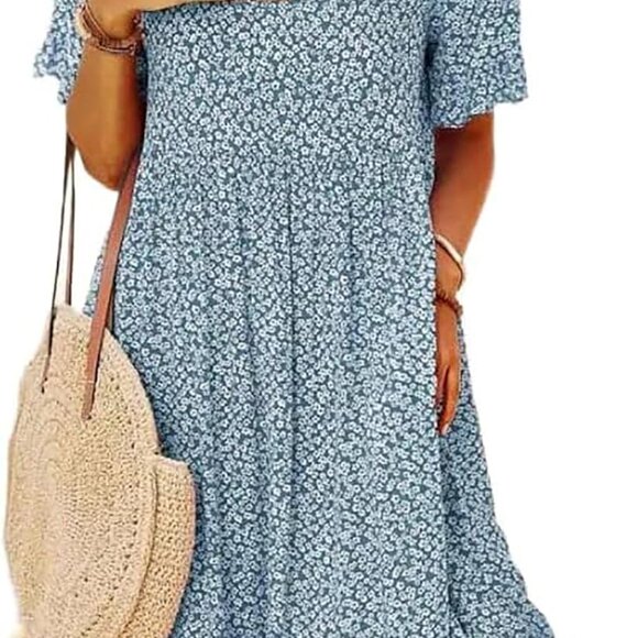 Women’s Boho Floral Summer Midi Sundress Short Sleeve Casual Shoes - Picture 1 of 2